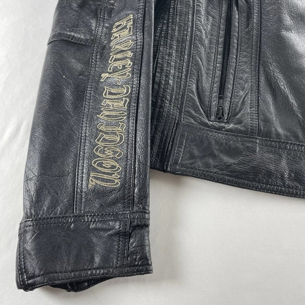 Harley Davidson Women's Black Leather Motorcycle Jacket - Size Medium Camo Liner - Picture 4 of 14